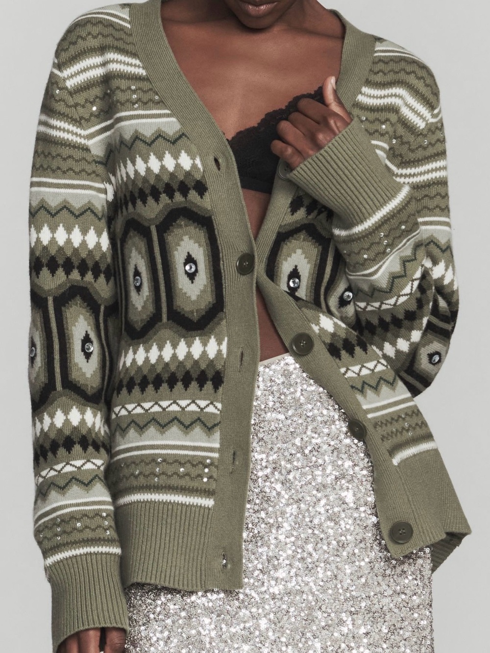 Aligne Christine Olive Green Fair Isle Button Cardigan Sweater